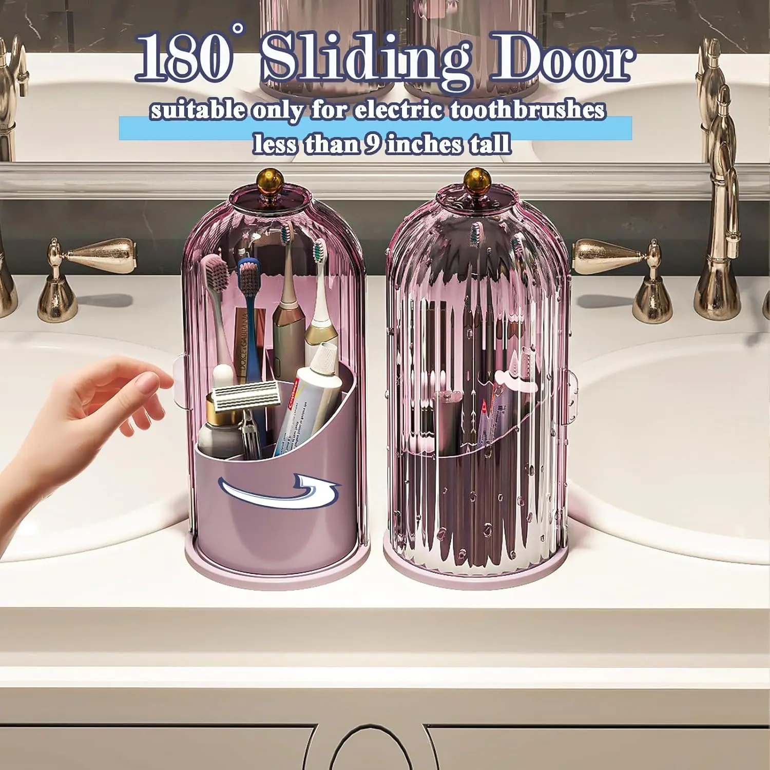 360 Rotating Toothbrush Holder with Dustproof Sliding Door Waterproof Bathroom Countertop Organizer Multi-Slot Makeup Brush Cosmetic Storage Box Vanity Desktop Stand for Toothpaste