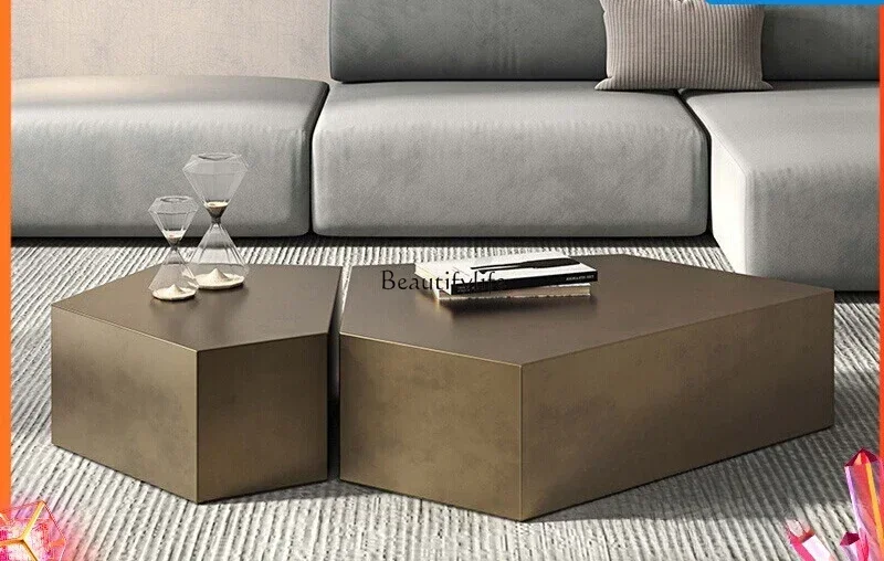 02Moderno simples luz luxo bronze escovado combinação de mesa de centro em aço inoxidável formato especial