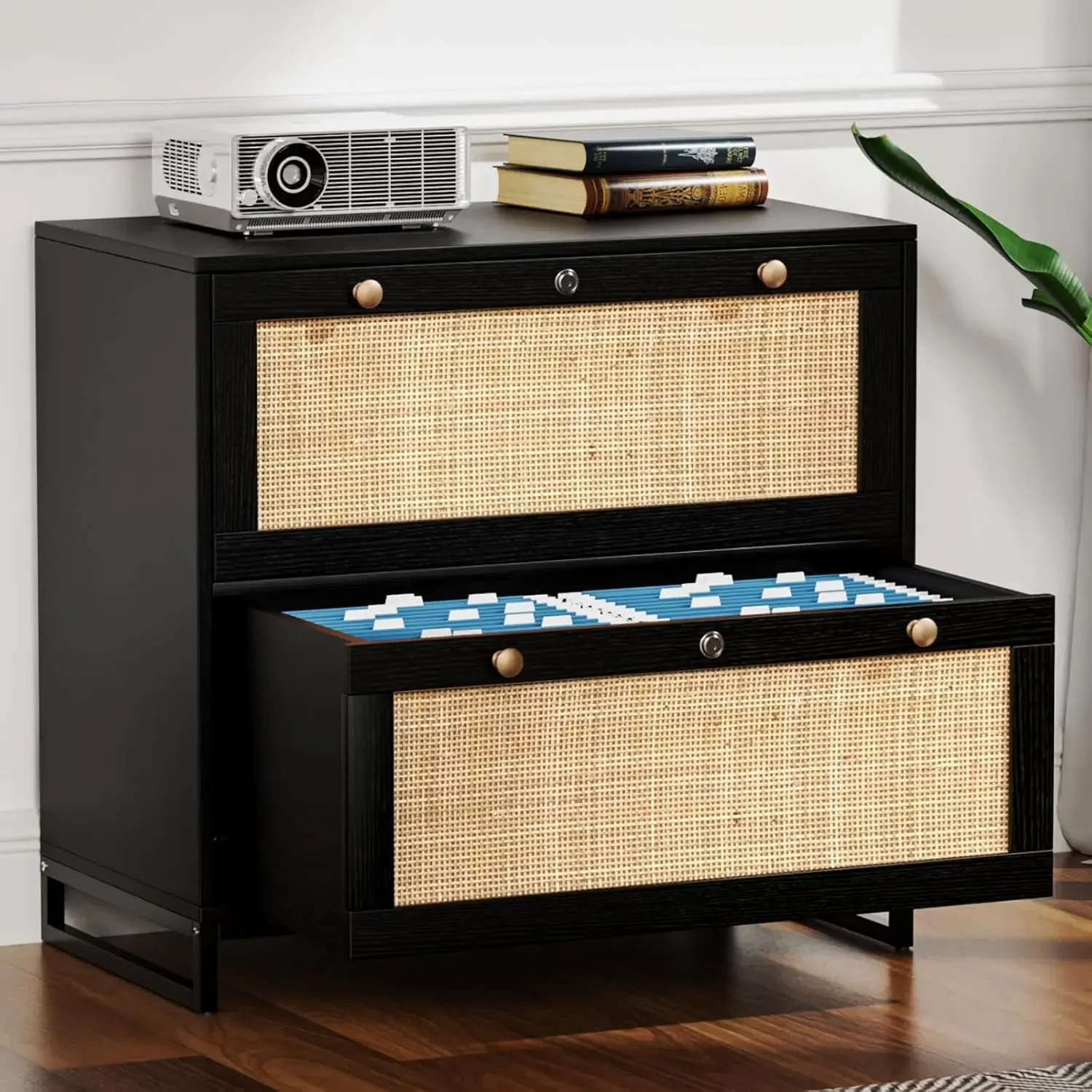 

Black Rattan 2 Drawer Lateral File Cabinet with Lock, Wood Locking File Cabinets for Home Office, File Cabinet Printer Stand