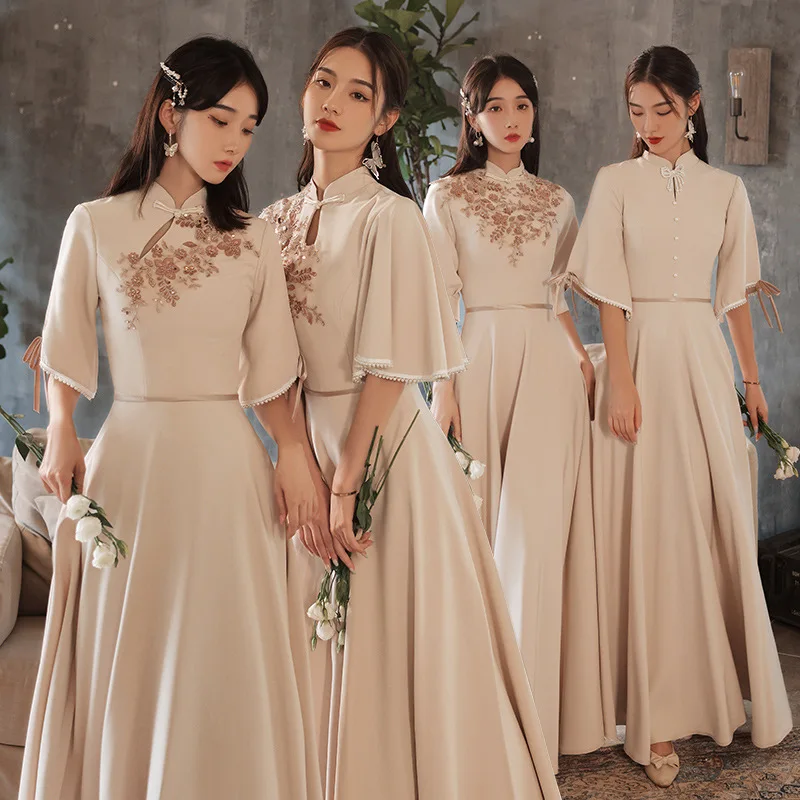 

Элегантное женское платье-ципао А-силуэта с воротником-стойкой в китайском стиле, с аппликациями, цветами и жемчугом, для подружек невесты, вечеринок и выпускных балов