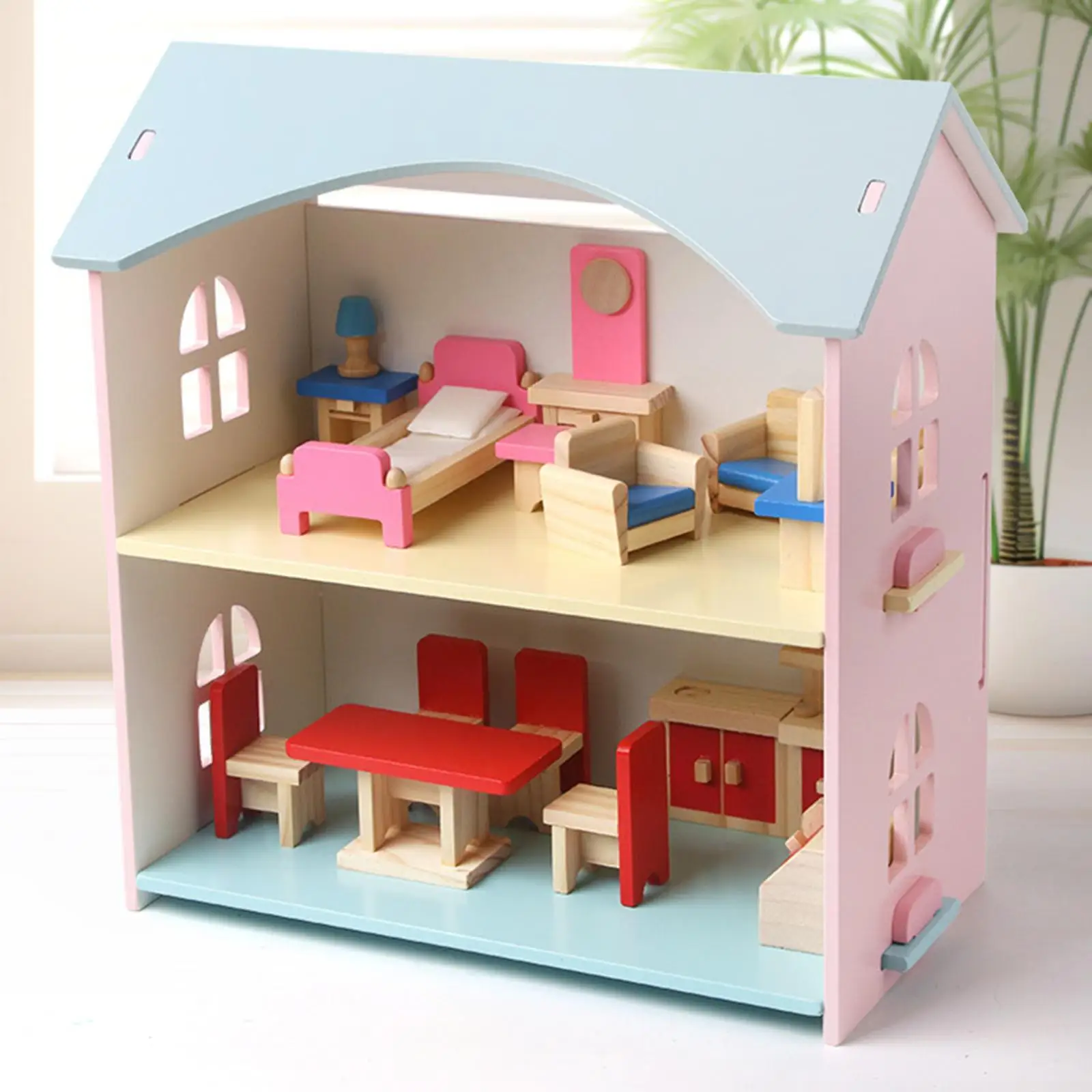 

Wooden Doll House with Furniture and Accessories for 3 Years and up Children