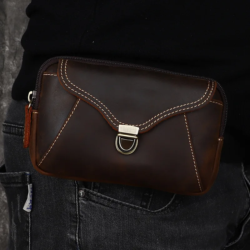 Mad Horse Full-grain Cowhide Men's Waist Bag Leather Belted Waist Pouch for Mobile Phone Storage 6.1 - 6.7 Inches Batch