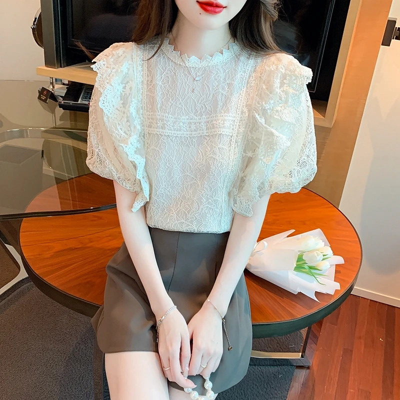 Summer Women Tops Short Sleeve Blouse Women Blusas Mujer De Moda 2024 Verano O-Neck Ruffles Lace Blouse Shirt Women Blouses G488