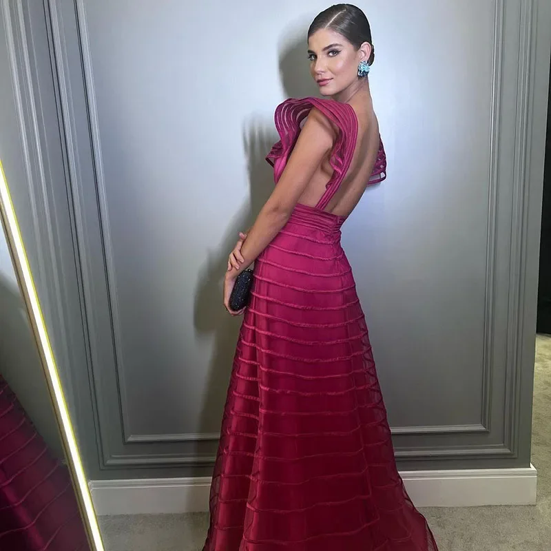 Purple V Neck Backless Sexy Evening Dresses For Elegant Women Cap Sleeves Floor Length Prom Party Special Occasion Formal Dress