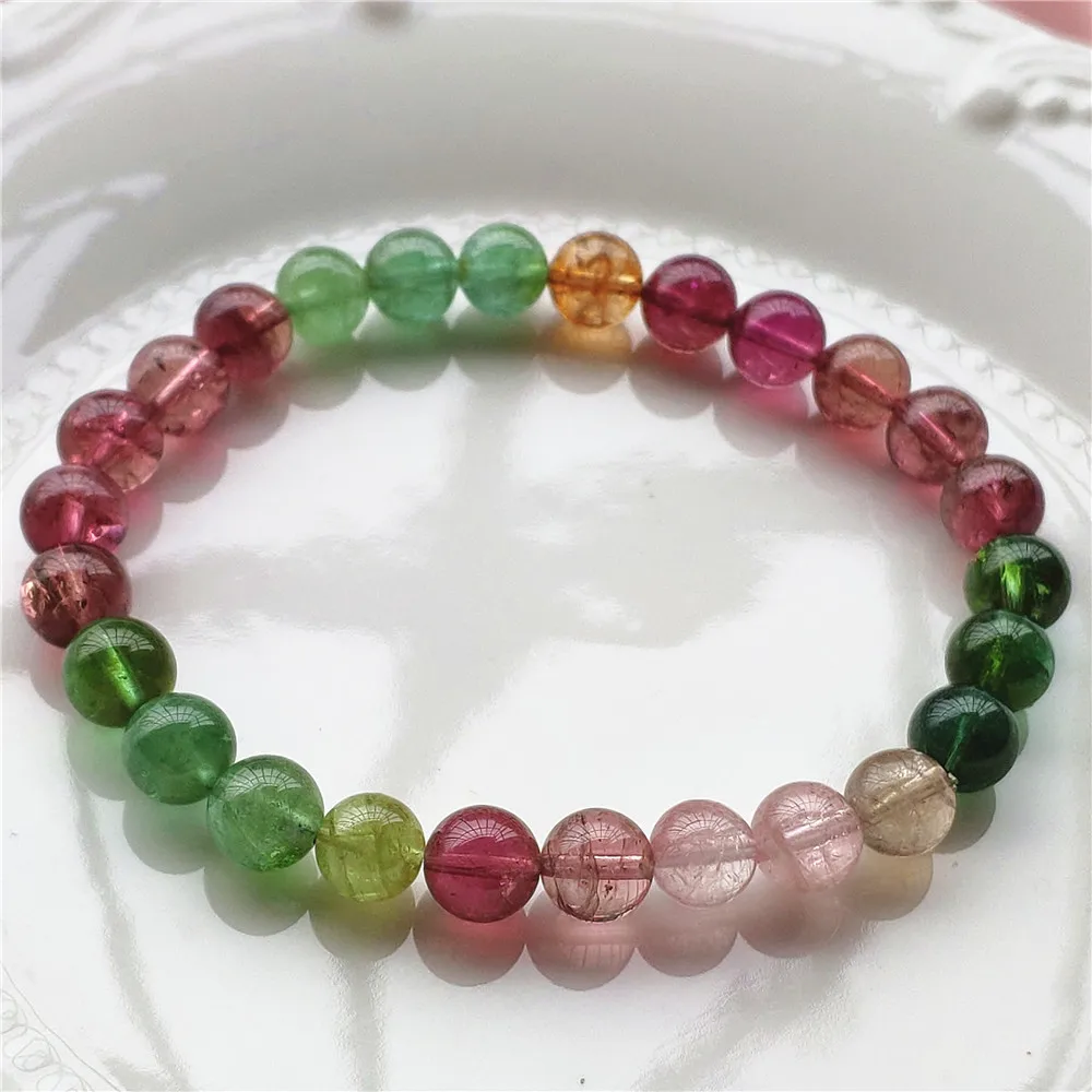

Natural Red Green Tourmaline Beads Bracelet Clear Round Beads 7.3mm Red Colorful Candy Tourmaline Women Jewelry AAAAAAA