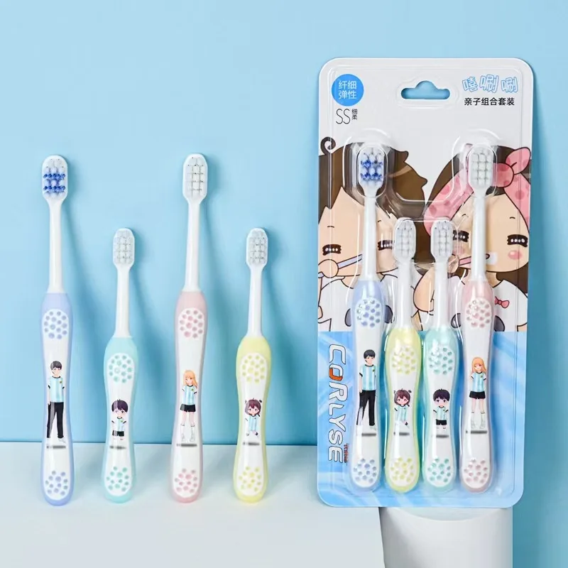 

4PCS Household Children's Toothbrush Soft Bristle Adults Toothbrush Happy Family Parent-Child Combination Manual Toothbrush Set
