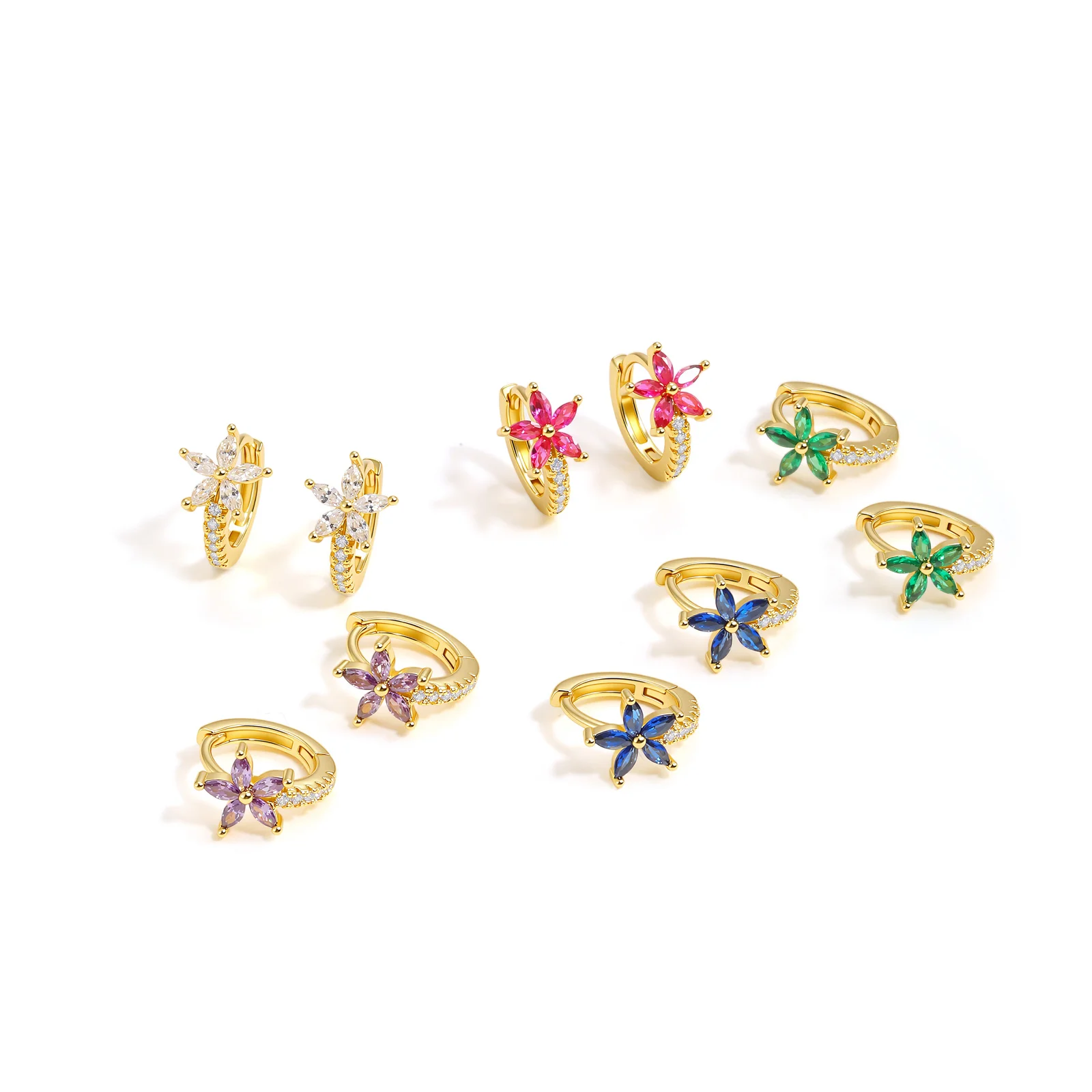 Small Huggie Hoop Earrings For Women, Golden Cubic Zirconia Flower Hoops, Tiny Cartilage Stainless Steel Earrings