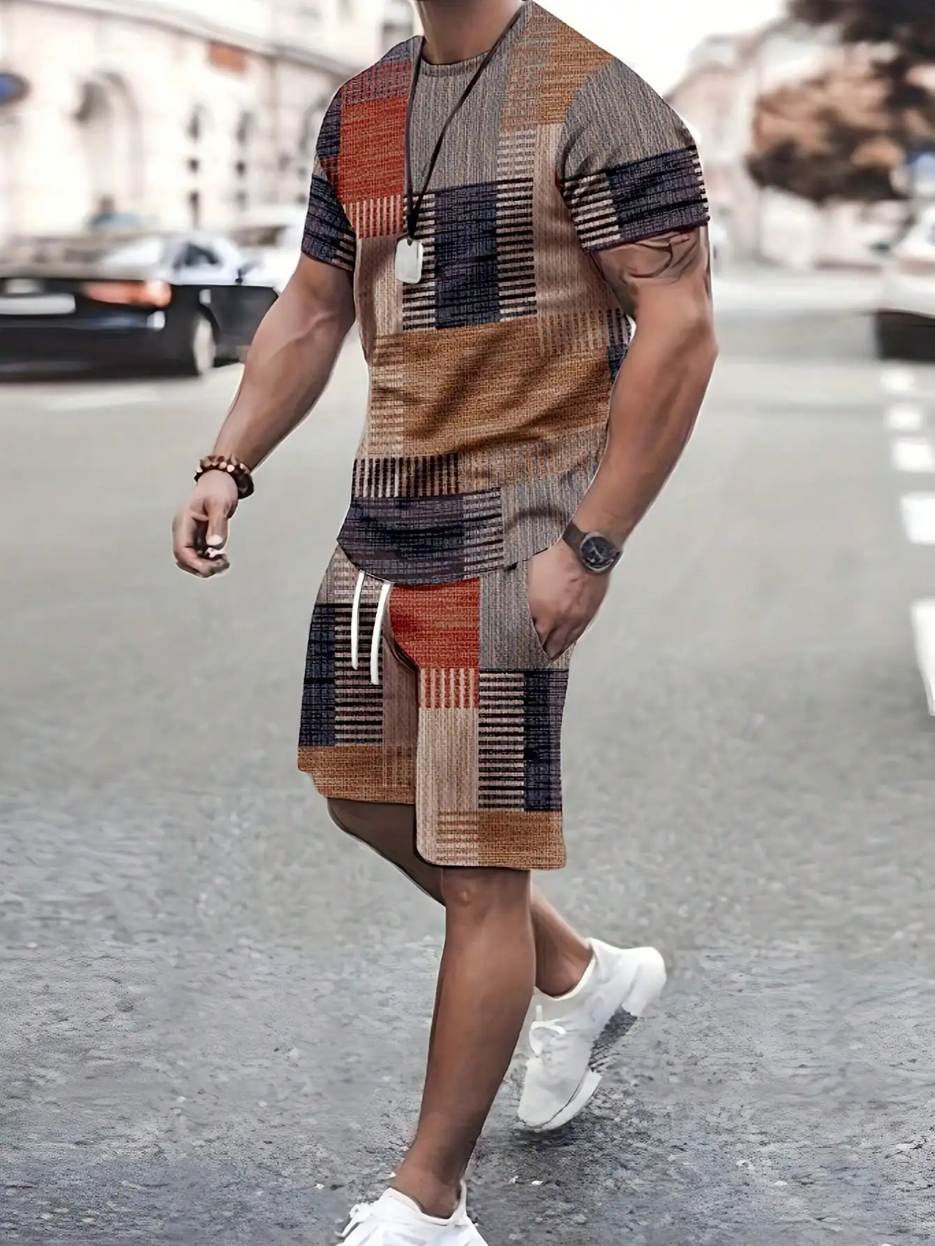 Men's Summer Plaid Printed Crew Neck Short-sleeved Casual T-shirt and Drawstring Waist Casual Shorts Set