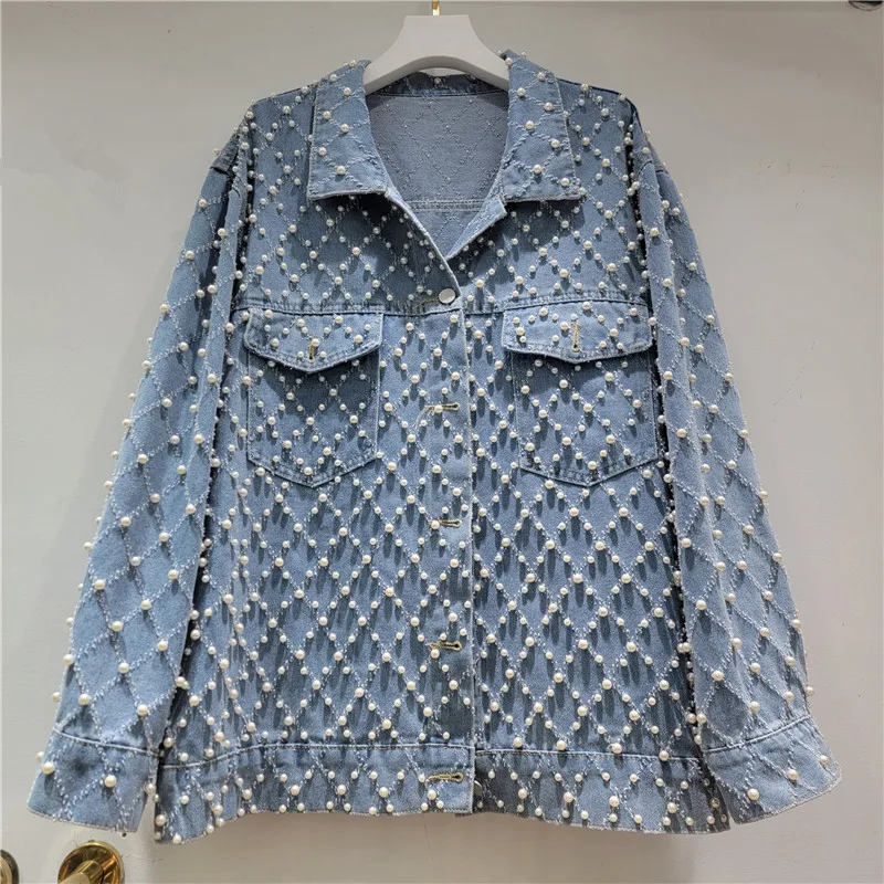 

Heavy Beaded Denim Jacket for Women, Trendy 2026 Spring New Loose Slimming European Style Long Sleeve Jacket Top