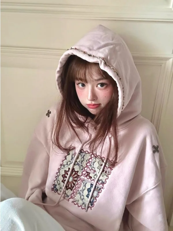 

Retro American Patchwork Embroidered Hoodie Women's Loose Lazy Style Trendy Sweatshirt Autumn Winter New Arrival