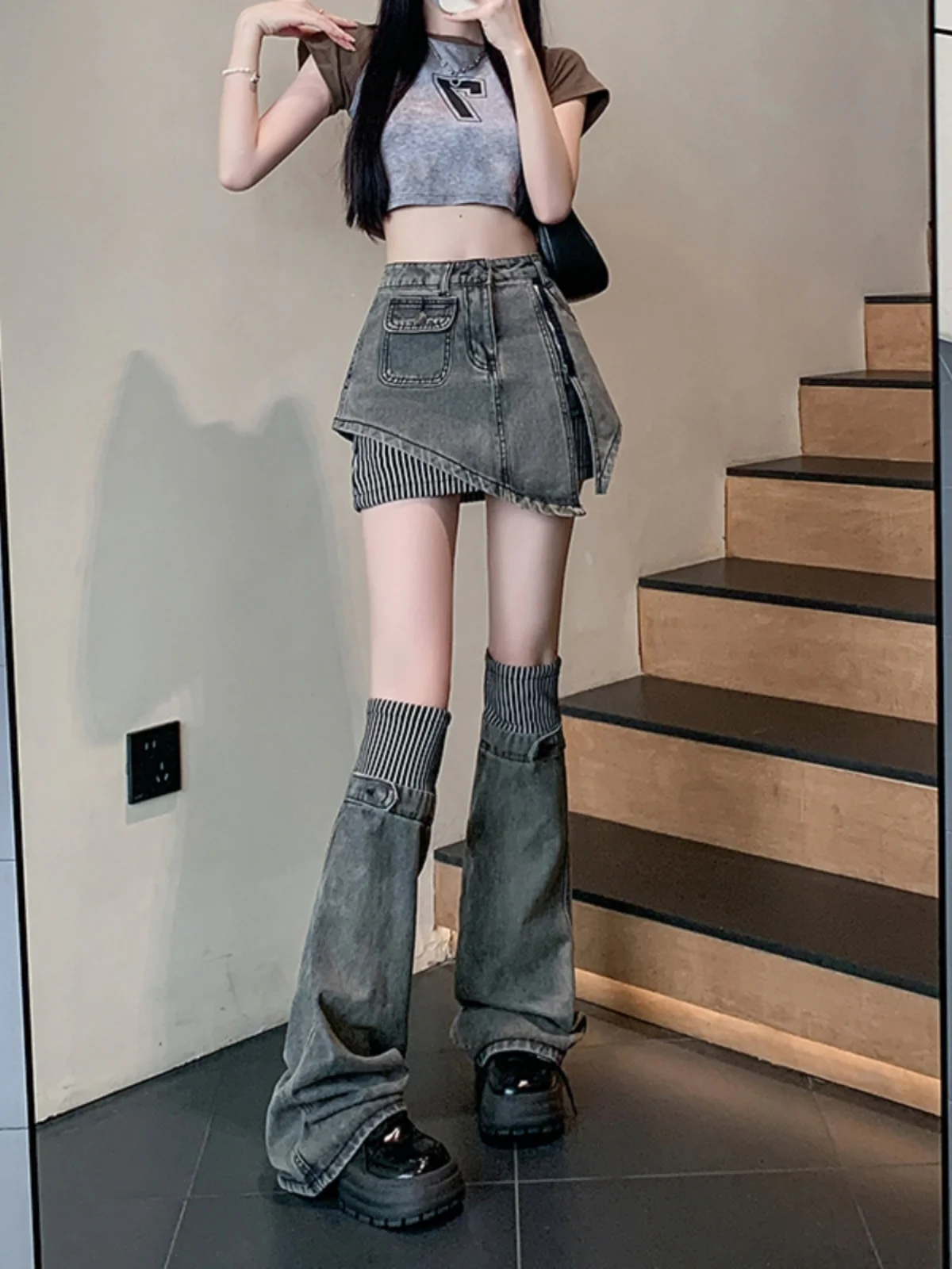 Y2K Aalyptic Sle f Rock Jeans A-Linie Sommer Hot Girl Streifen Spleißen Leggings Zweiteiliges Set Damen Hohe Taille Ort...