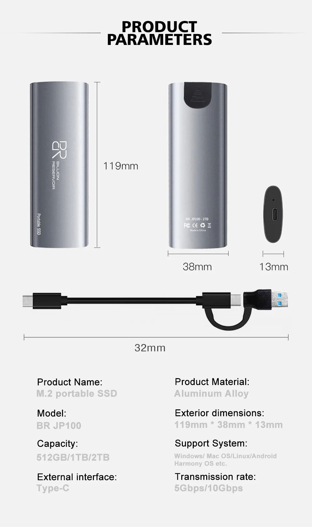 BR 1TB External SSD 10Gbps Portable Solid State Drive Storage PSSD for Tablets Laptops JP100