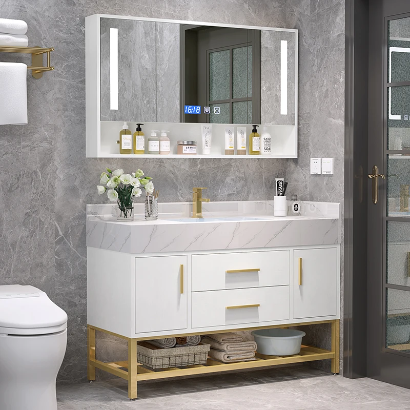 Luxury Rock Plate Bathroom Double Basin Light Furniture Combination Modern Simple Wash Bathroom Cabinet Vanity Toilet Wash Pool