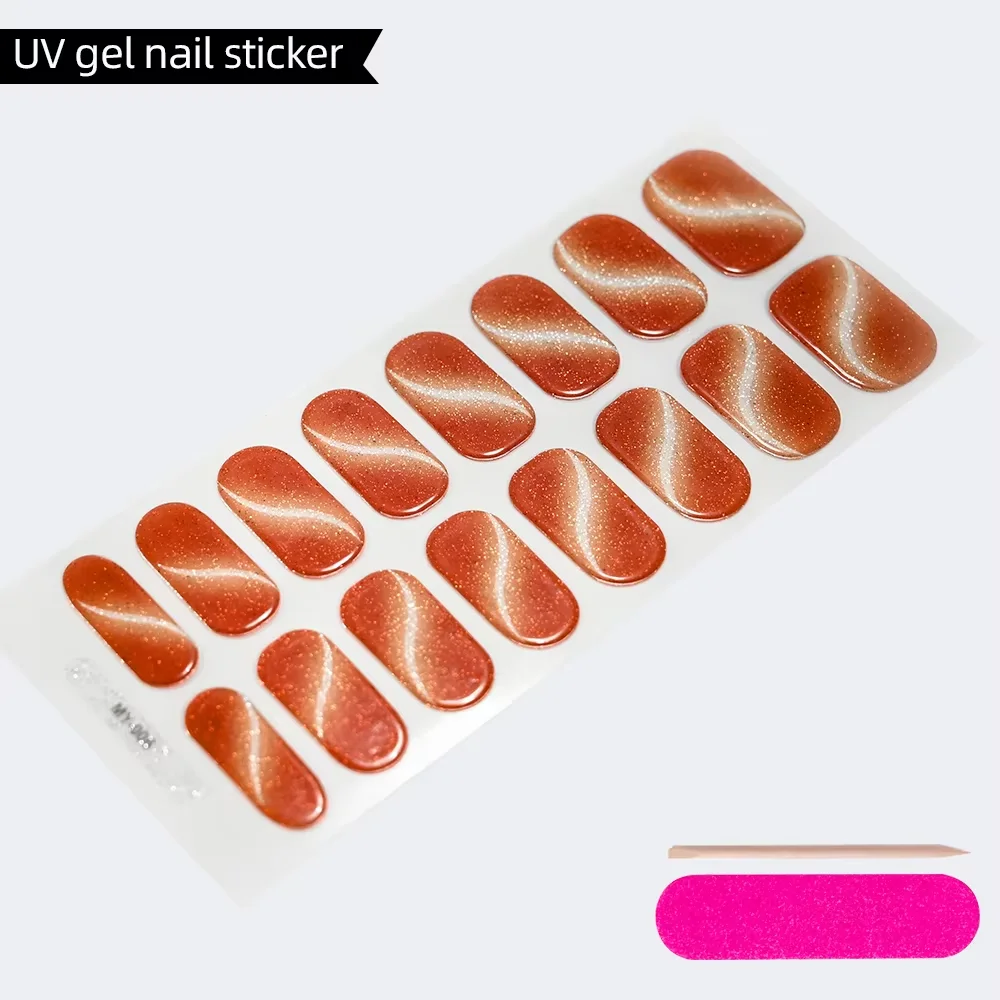 Black Cat Eyes Semi Cured Gel Nail Stickers Pure Color Fine Flash Full Cover Nail Slider UV/LED Baking Lamp Gel Sticker 16Tips