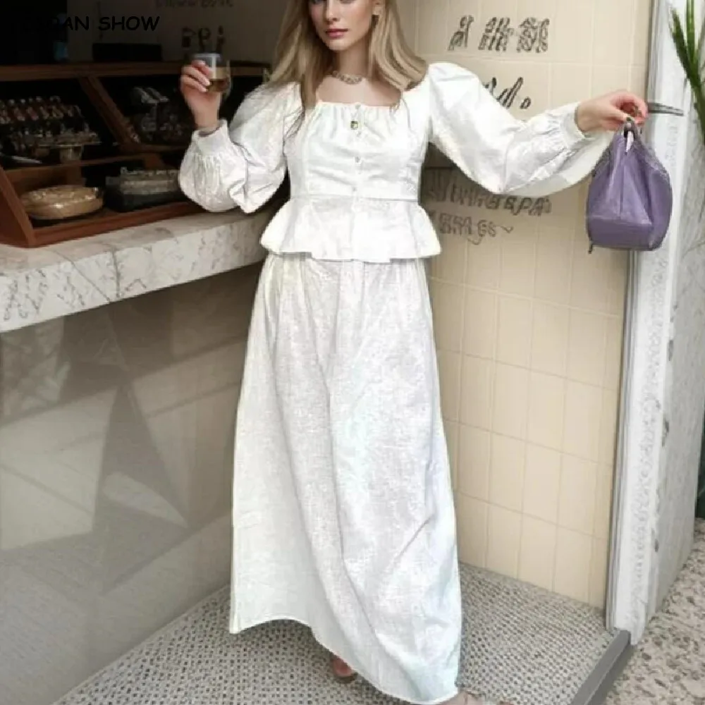 Holiday White Full Puff Square Collar Open Button Shirt Women Elastic Waist Swing A-lined Maxi Long Skirt  2 pieces 1 Set