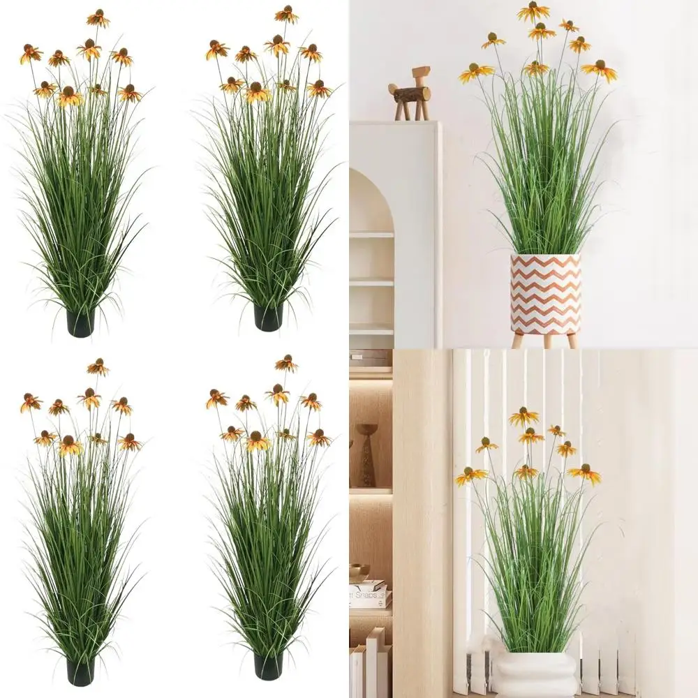 

Dual UV-Resistant Artificial Grass with 9 Lifelike Yellow Echinacea Blooms - Outdoor/Indoor Fake Plants for Patio, Living Room,
