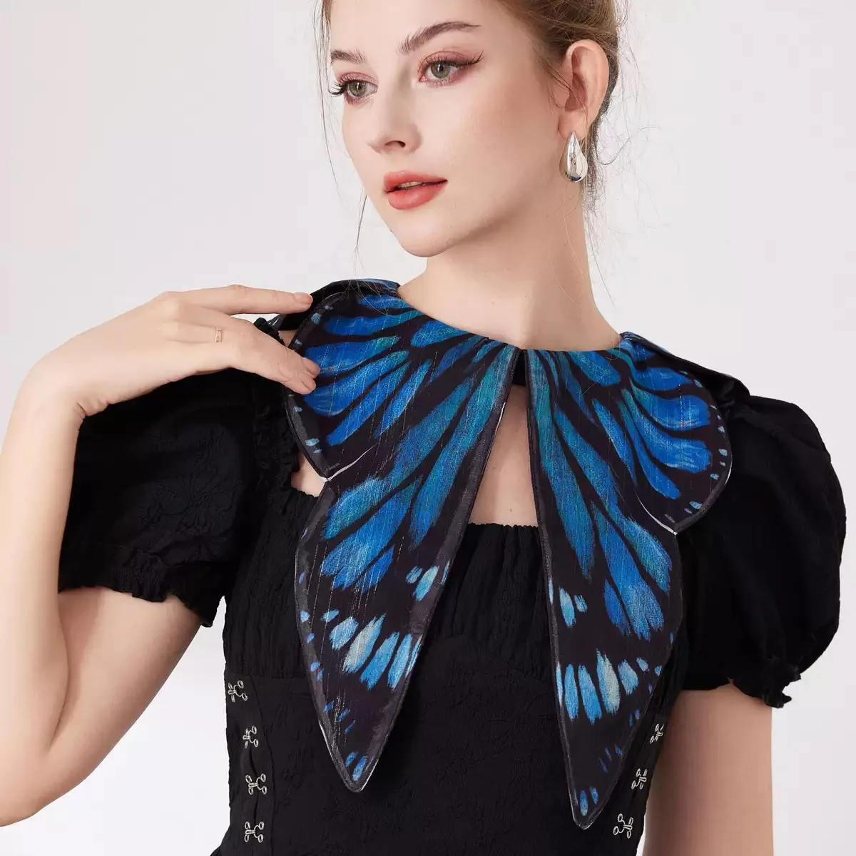 Personalized Blue Floral Print Big Butterfly Fake Collar Fashionable Shirt Collar Versatile Decoration Detachable Fake Collar