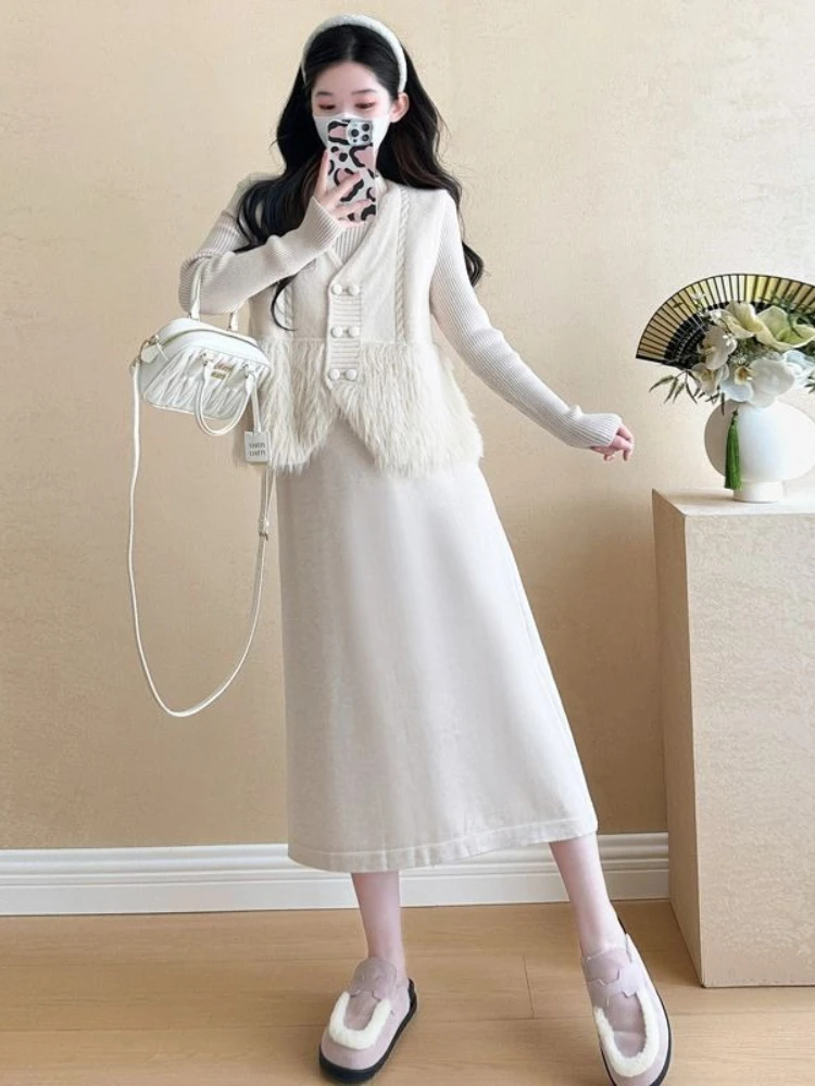 Advanced Temperament Small Fragrance Style Two-piece Set Autumn and Winter Vest Knitted Dress Medium Long Set