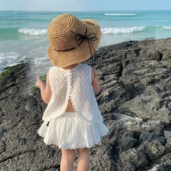 Girls 2024 Summer Clothing Sets Hollow Lace Suit Baby Casual Sleeveless T-shirt+Shorts Kids Clothing Sets Baby Clothes Outfits