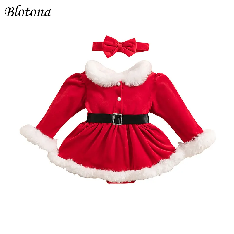 Blotona Baby Girls Christmas Outfits Long Sleeve Fur Trim Velvet Romper Dress + Headband Set Newborn XMAS Clothes