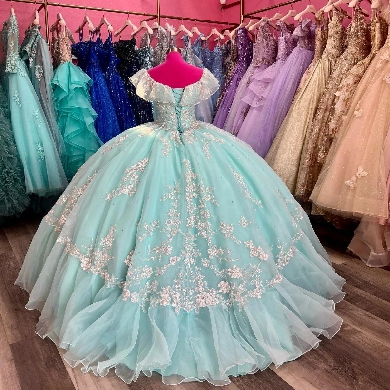 فساتين Quinceanera مكشوفة الكتفين مع ترتر دانتيل ، فستان مكشوف الكتفين ، 16 فستان حلو ، مزخرف بالخرز ، فساتين حفلات أعياد الميلاد ، أكوا بلو ،