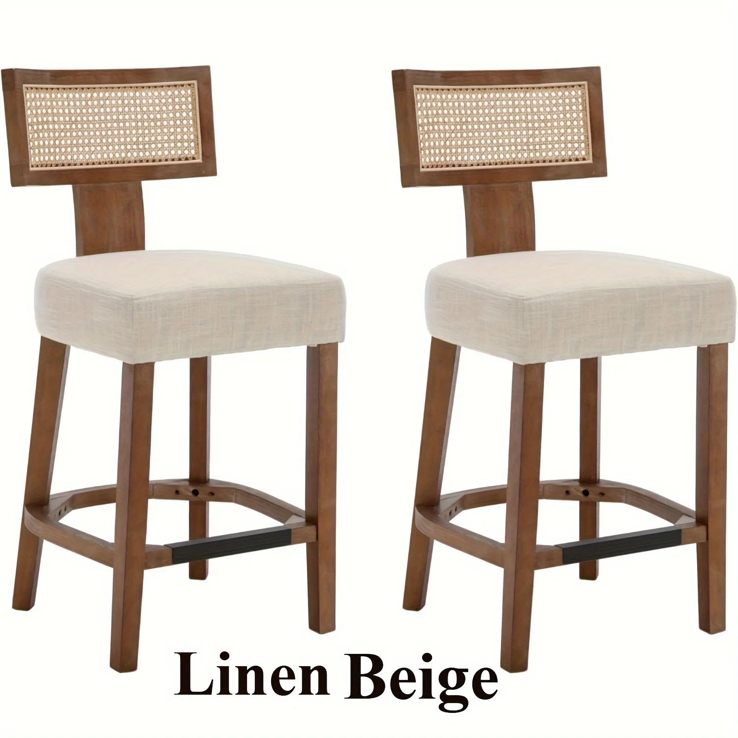 

2pcs French Country House Natural Wooden Leg Bar Stool with Rattan Backrest Soft Cushioned Counter Dining Chair, Suitable for Kitchen Island, Bar, Restaurant