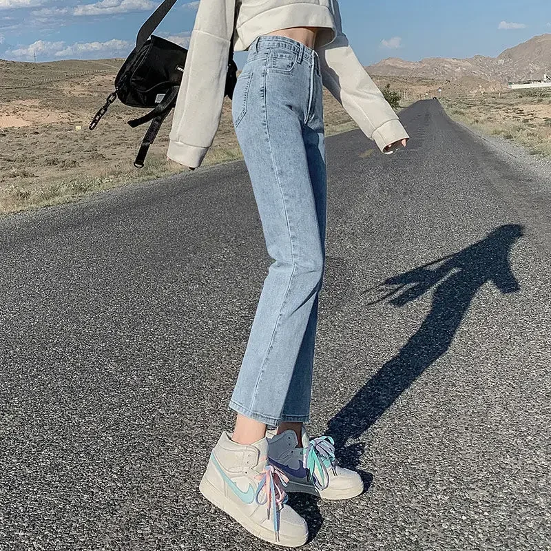 Helle Jeans mit hoher Taille und geradem Bein für Damen, Frühling/Herbst, schlankmachende, elastische, vielseitige Schlauchhose