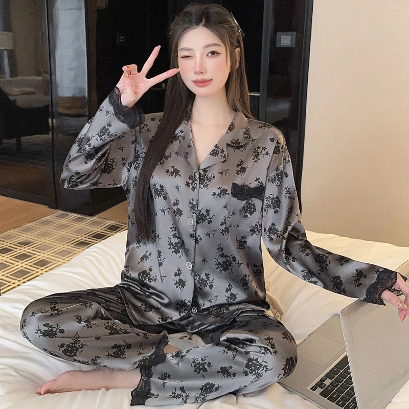 

Женский комплект пижамы с кружевным бантом и принтом, две части: пижамные брюки и топ, домашняя одежда, ночная одежда, женский домашний костюм