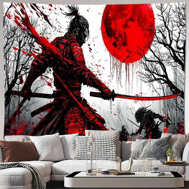 Samurai in Red Armor with Blood Splatter and Red Moon Wall Tapestry Machine Washable All Season Decor Home Durable materials