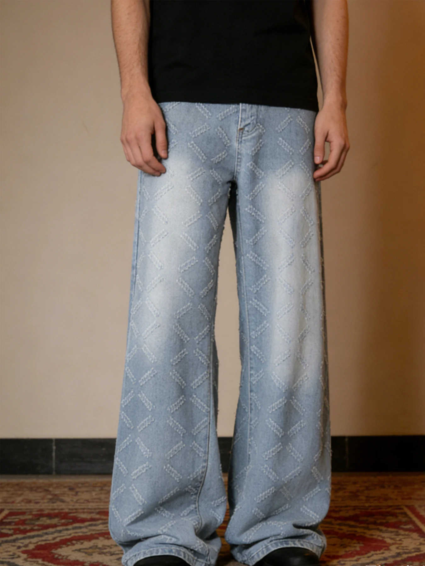 

Light blue jacquard wide-leg jeans for men, American retro, loose straight-leg, high street trendy versatile