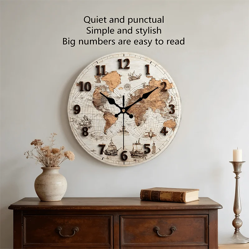 2D Flat. 1pc, Retro Wooden World Map Wall Clock, Creative Home Decoration Clock Silent Round Clock, Perfect Decoration for Bedroom, Living Room, Office, Kitchen And Bathroom, 30.48 cm (AA Batteries Not Included)