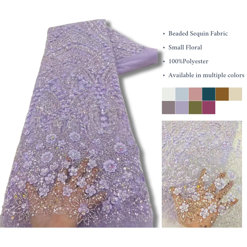 

Luxury Elegant 5 Yards Small Floral African Heavy Beads Sequin Nigerian Gorgeous Sequins Mesh Lace Fabric For Wedding Dresses