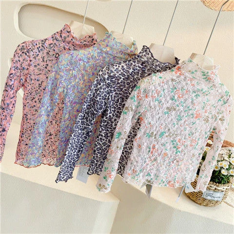 Spring Autumn Girls T Shirt Baby Tee Kids Tops Children Streetwear Clothes See Through Lace Floral Embroidery Bottoming shirt