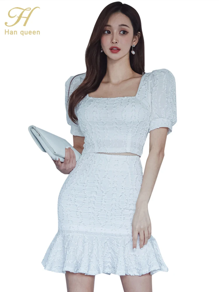 H Han Queen 2024 New Spring Autumn Womens 2 Pieces Suits Puff Sleeve Tops & Casual Fashion Sheath Mermaid Skirt Simple Work Sets