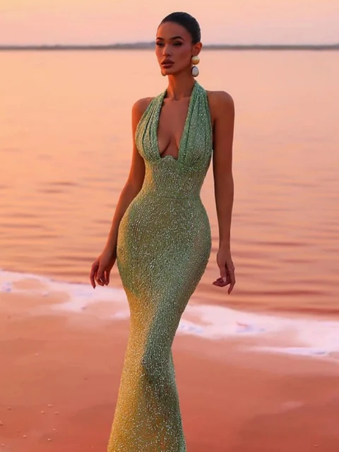 Seksowna sukienka Maxi z głębokim dekoltem w szpic z cekinami dla kobiet Zielona sukienka bez rękawów z cekinami na plecach Długie sukienki Celebrity Party Gowns