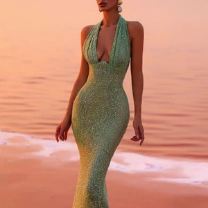 Sexy Deep Halter Cleve in V sequins Maxi Women's Dress Green Dress Without Sleepless Snacks Slots 10 Main Sales Long Green Dress - №9