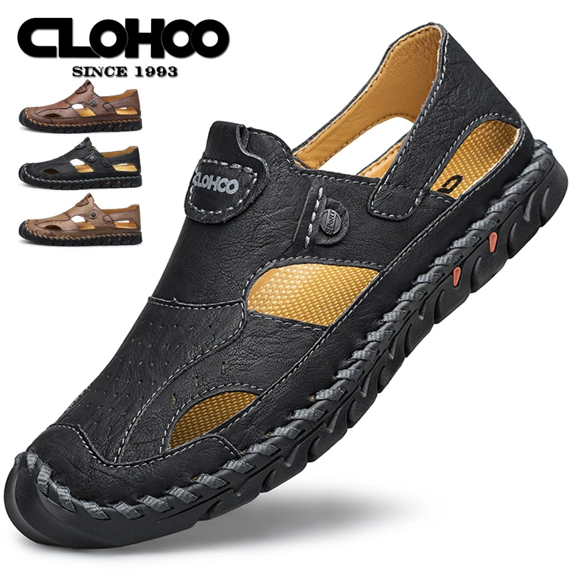 CLOHOO sandals men\'s leather breathable leather shoes hollow hole shoes soft bottom soft surface casual sandals