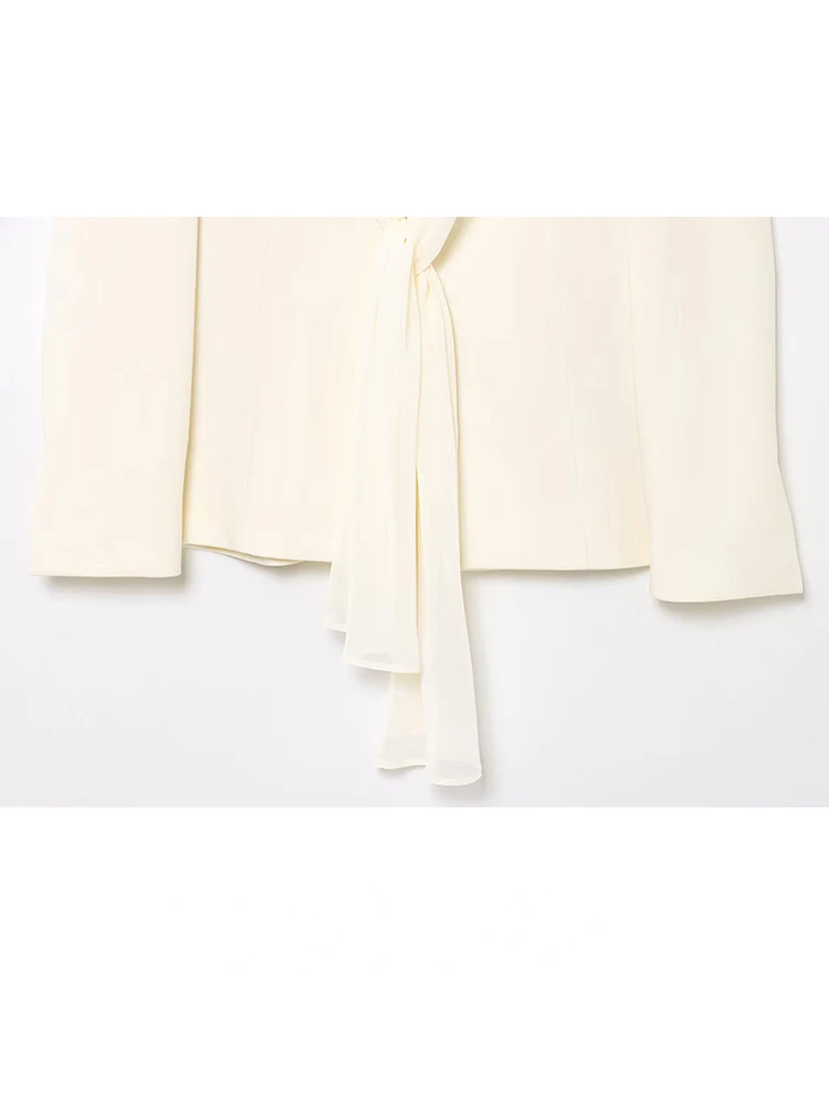 HH Primavera Donna Abito solido Sciarpa sottile Colletto rovesciato Blazer Top a maniche lunghe + Cerniera Pantaloni a gamba dritta in vita midi Set