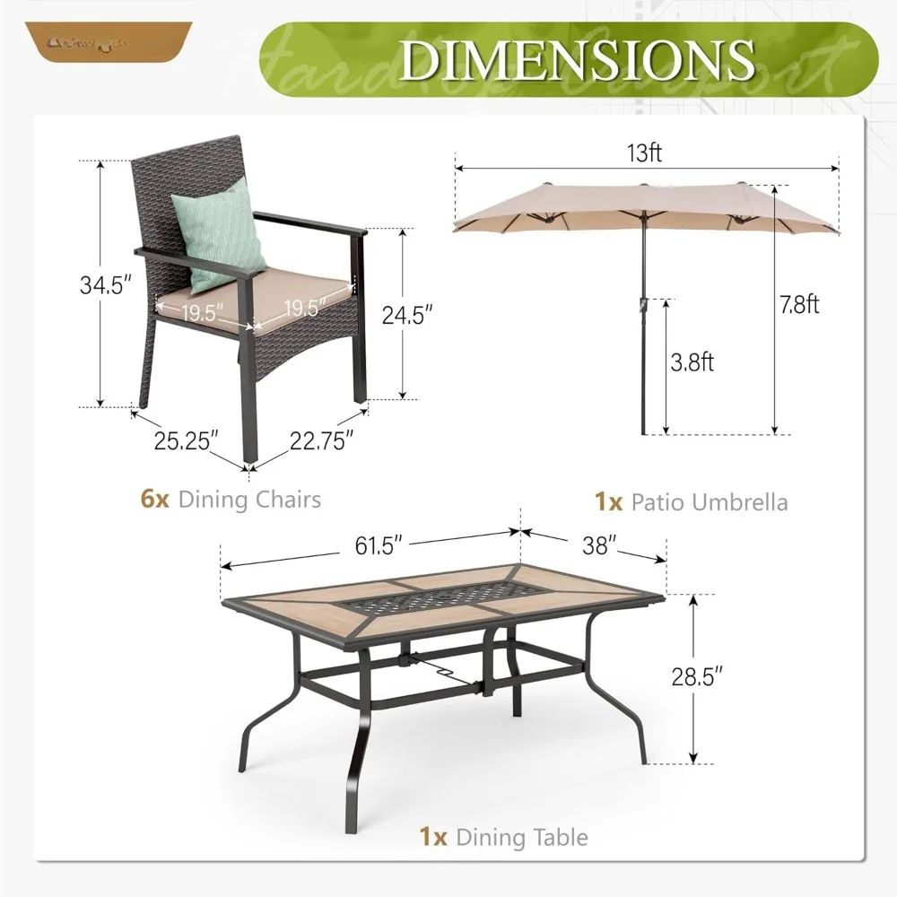 7 ชิ้นลานกลางแจ้งชุดรับประทานอาหาร,with13ft ร่ม,เบาะเก้าอี้หวายชุด Patio ร่ม, ชุดโต๊ะรับประทานอาหารกลางแจ้ง