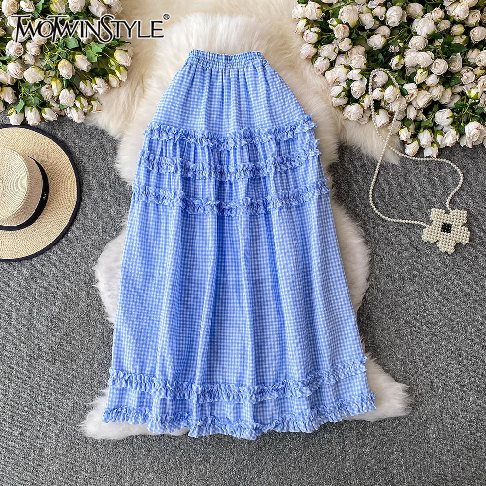 

TWOTWINSTYLE Casual Slimming Grid Print Long Skirts For Women High Waist Spliced Folds Elegant Skirt Female Fashion KSK541967