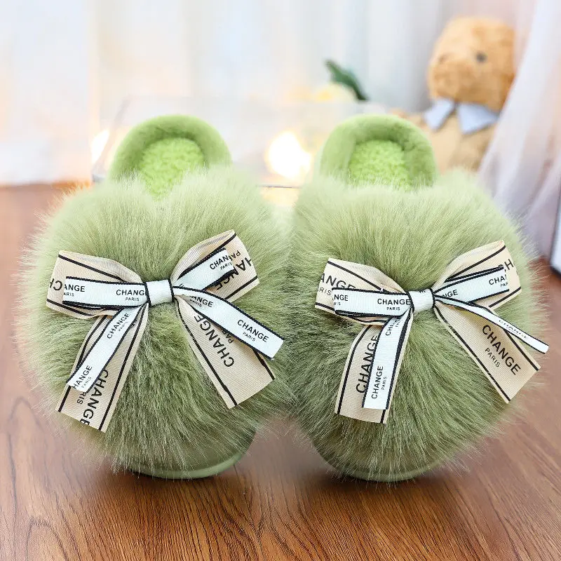 Feerldi Girls elevator shoes Green long plush fur slippers Home Woman Thick Bottom Bowtie Flat Mules 2024 New Female indoor Shoe