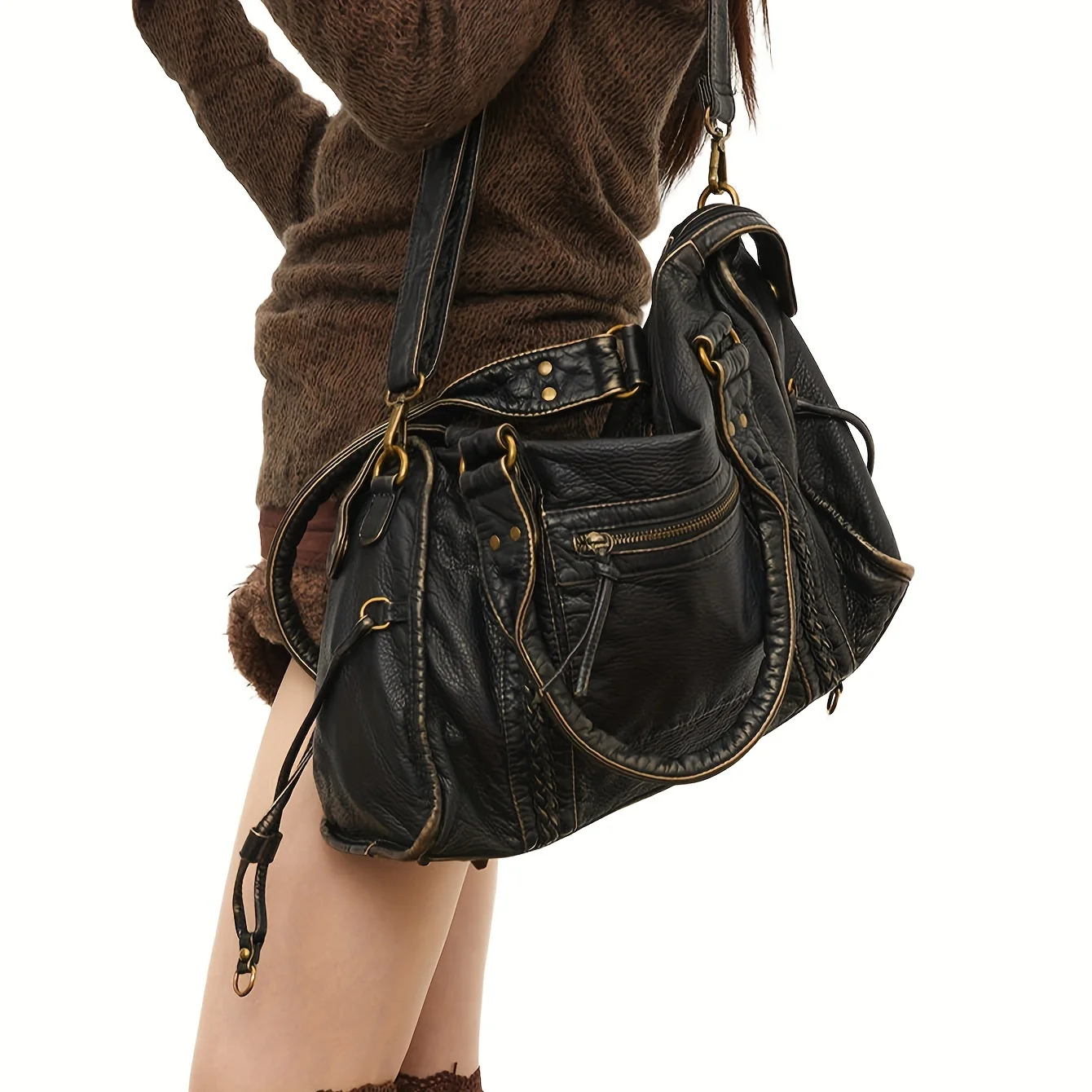 

Y2K Motorcycle Tote Bag for Women, Large Capacity, Adjustable Strap, Zipper Closure, Black.