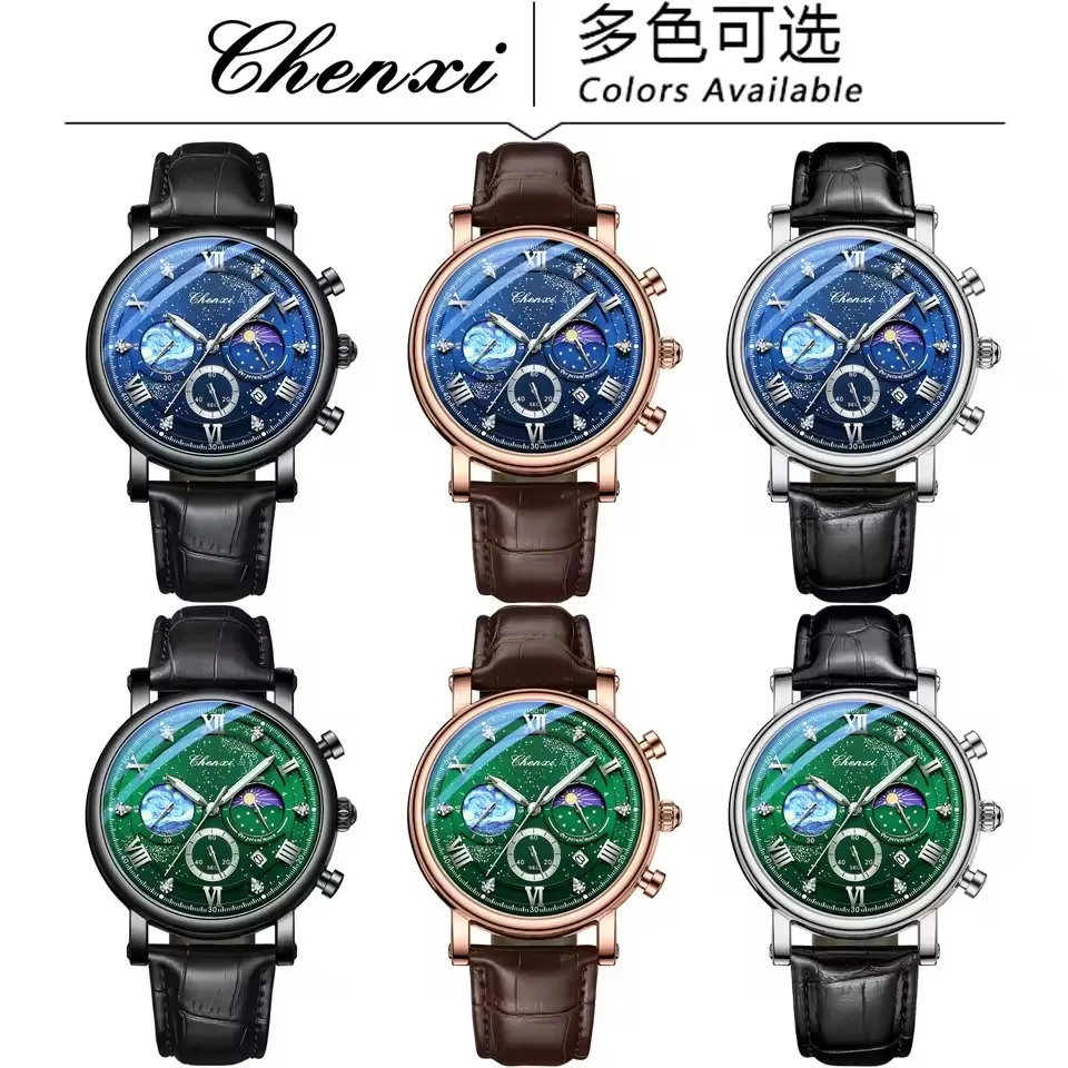 CHENXI 972 Sun Stars Stopwatch Multi-function Fashion Men's Moon Phase Timing Calendar Quartz Watch Clock Man relogios masculino