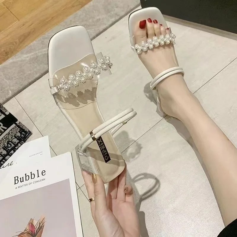 Outdoor with Medium Heels Ladies Shoes Thick Heel Footwear Summer 2024 Transparent One Word High Sandals for Women Pearl Vip H F