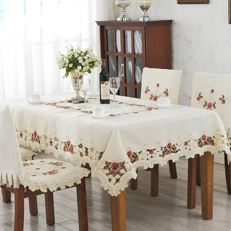 Table Cloth Dining Tablecloth Beige Thicken Luxury Embroidered Rectangle Table Cover Table Decoration Rose Chair Cover Dustproof