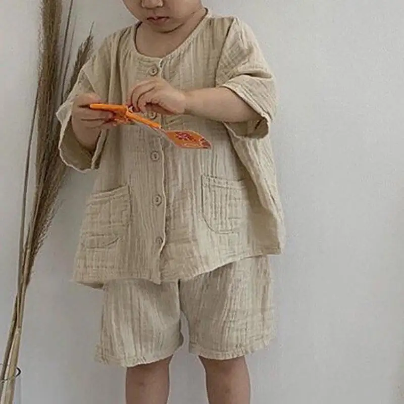 Boy Fashion Single Breasted Solid T-shirt + Girl Cotton Linen Loose Shorts Set Children Summer Retro Suit Kid New Arrival Tees