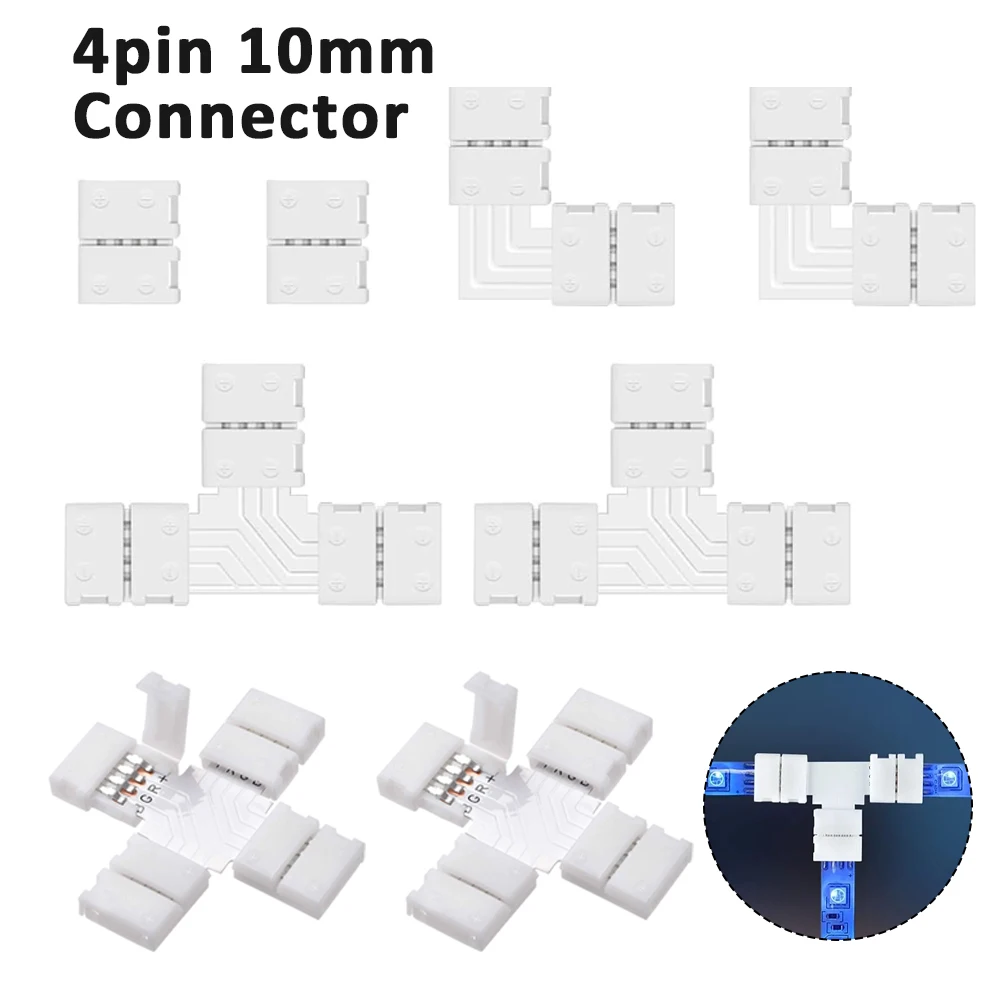 10pcs 4pin Connector I /L/T/Cross Shape Solderless Snap Down Conductor RGB LED Strip for Quick Splitter Connection of 10mm Wide