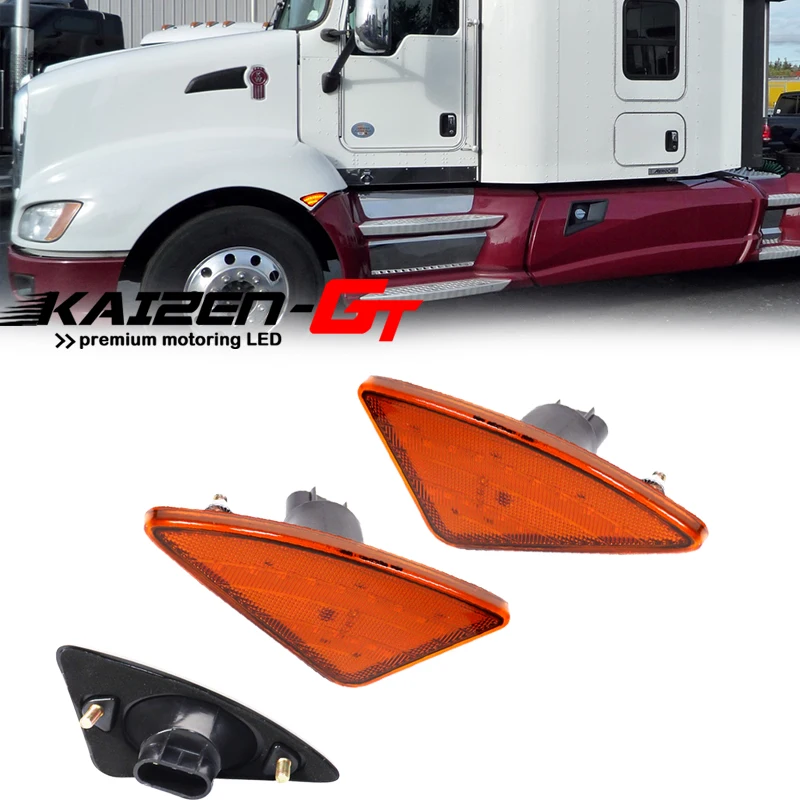 Amber Lens Amber LED Front Cab Fender Side Marker Turn Signal Lights For 2008-2021 Kenworth T660 T600 T170 T270 T370 Semi-Trucks