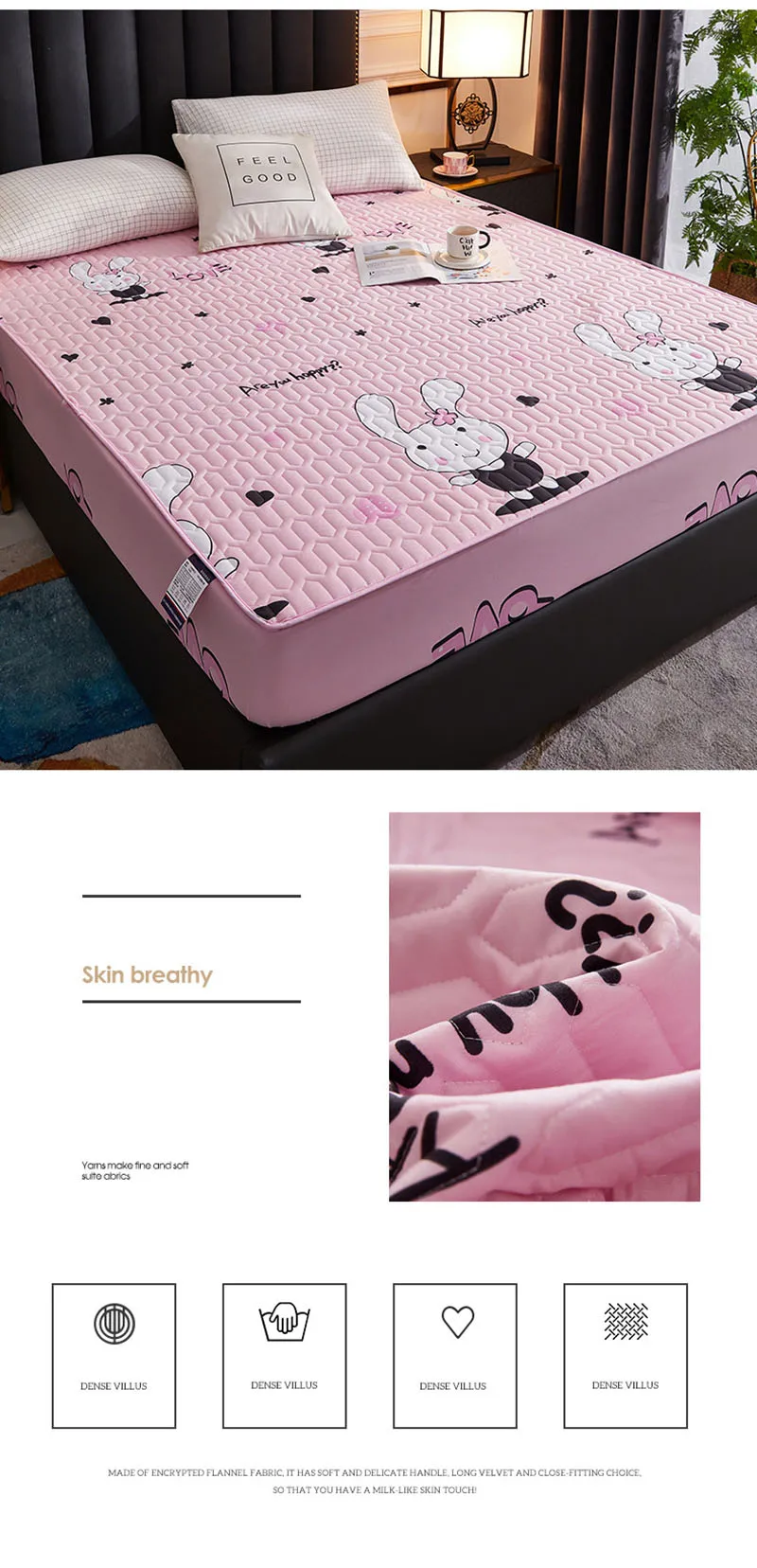 Cartoon Quilting Waterproof Fitted Sheet Cute Printed Padded Mattress Protector Skin-Friendly Non-Slip Mat with Elastic Band