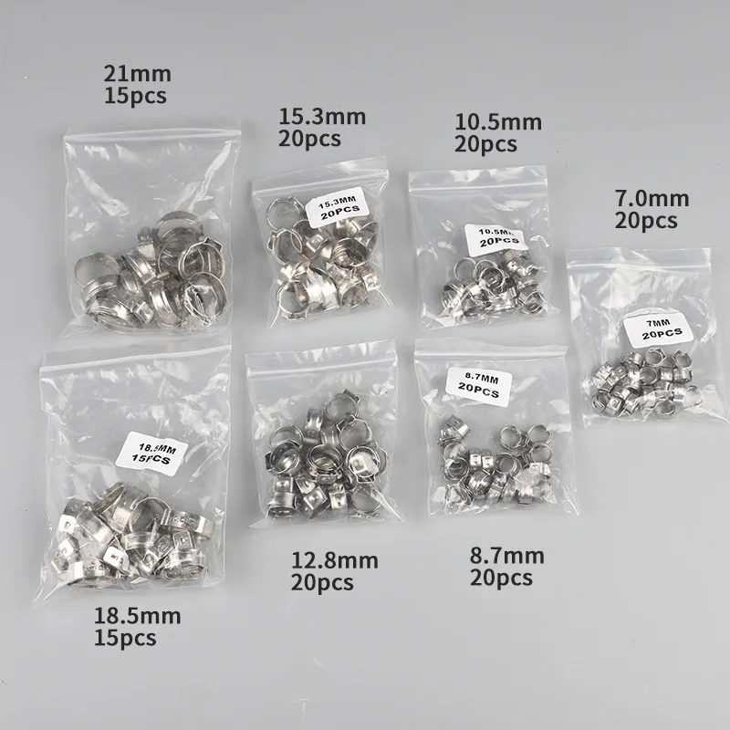 130 ชิ้น 7 ขนาด 304 สแตนเลสสตีลหูเดี่ยวท่อ Clamps 6-21 มิลลิเมตร Crimp ท่อ Clamp Assortment Kit Crimp Pinch Fitting เครื่องมือ